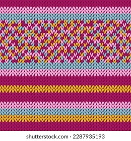 Knit fabric vector seamless pattern. Winter sweater striped jersey textile. Craft knitted fabric striped ornament. Fiber knitting fashion pattern. Multicolor cozy cashmere knitting. 