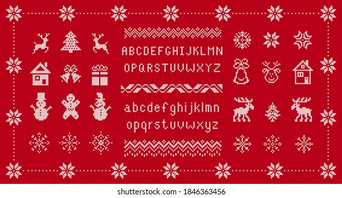 Knit font and Christmas elements. Vector. Knitted pattern. Fairisle ornaments with type, snowflake, deer, bell, tree, snowman, gift box. Sweater print. Red texture. Xmas illustration.