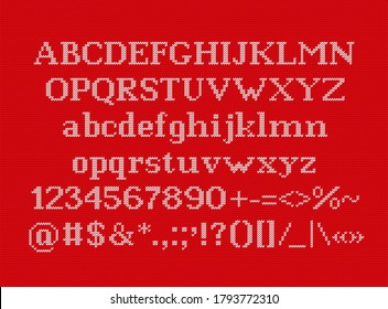 Knit font. Christmas typeface on seamless knitted pattern. Vector. Letters, numbers, signs and symbols on wool texture. Latin alphabet. Xmas background. Jumper ugly print. Retro red white illustration