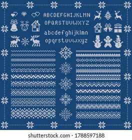 Knit font and xmas elements . Christmas seamless border. Vector. Sweater pattern. Fairisle ornament with type, snowflake, deer, bell, tree, snowman, house. Knitted print. Blue textured illustration