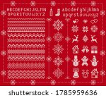 Knit font and xmas elements . Vector. Christmas seamless borders. Sweater pattern. Fairisle ornament with type, snowflake, deer, bell, tree, snowman, gift box. Knitted print. Red textured illustration