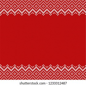 Knit geometric ornament background with empty place for text. Knitted textured pattern in fair Isle style.