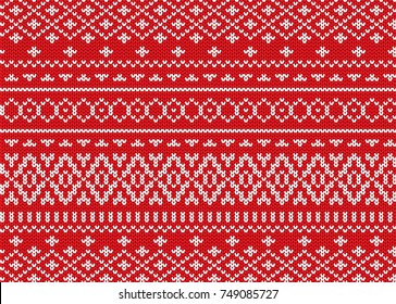 Knit geometric ornament design. Christmas seamless pattern. Knitted winter red color sweater texture. Vector illustration.