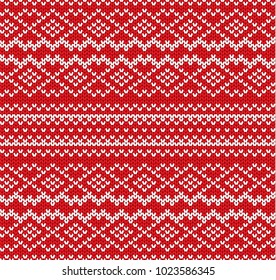 Knit geometric ornament seamless pattern. Handcraft knitwear design. Knitted winter red color sweater texture. Vector illustration.