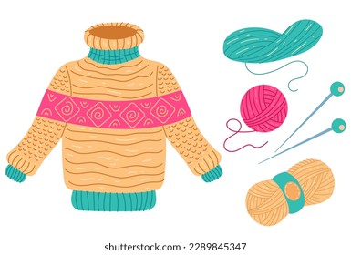 Knit hand wool handmade handicraft concept. Vector cartoon graphic design element illustration