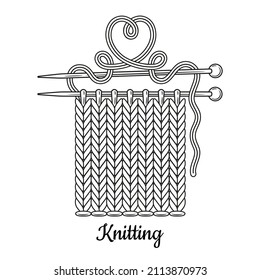 Knit handmade with knitting needle line icon. Hand knitted fabric from wool yarn, handwork textile knitwear clothing. Needlework DIY tool. Creative knitter workshop, hobby craft store. Outline vector 