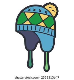 Knit hat with ear flaps vector cartoon illustration isolated on a white background.
