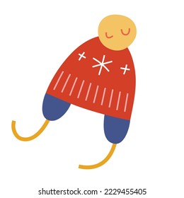 Knit hat with ornaments, bombom and Nordic sweater, Scandinavian woolen warm winter hat, isolated vector illustrations, doodle vector icon