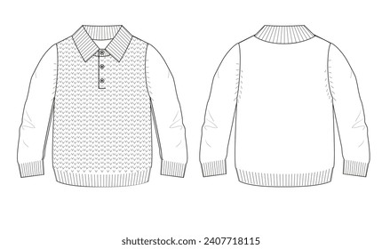 Knit jumper with shirt collar. Technical sketch. Vector illustration.