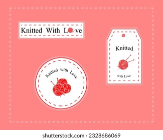 Knit labels with red yarn and knitting needles. With text knitted with love. Isolated vector illustration. Knitting labels set