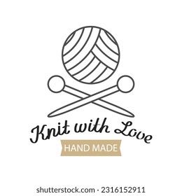 Knit with love lettering and knitting needles with a knitted fabric. Hobby icon, logo, vector