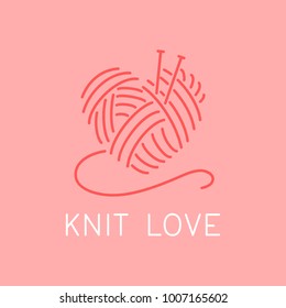 Knit love logo design for hand made masters. Simple knit of crochet emblem for handmade shop / store.