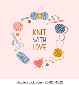Cuchillo con texto de amor en marco redondo con herramientas dibujadas a mano, trabajo de agujas aislado en fondo rosado. Ilustración vectorial de moda	