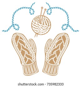 Knit mittens with needles and wool ball, in neutral beige colo