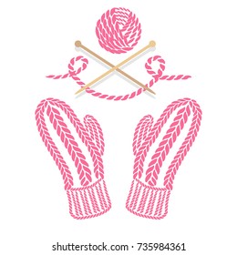 Knit mittens with needles and wool ball, in pink color
