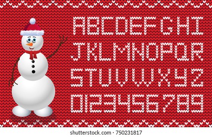 Knit new year alphabet with snowman. New year red and white background with knitted alphabet and snowman character. Fabric Christmas and new year script. Vector illustration, template, knit script.