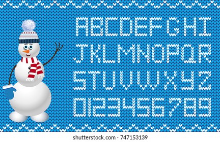 Knit new year or christmas alphabet with snowman. New year blue and white background with knitted alphabet and snowman character. Fabric Christmas or New Year script. Vector illustration, template.