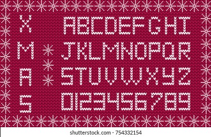 Knit new year or christmas alphabet framed with snowflakes. New year burgundy background with white knitted alphabet. Fabric Christmas or New Year script. Vector font, signs, symbols, numerals.