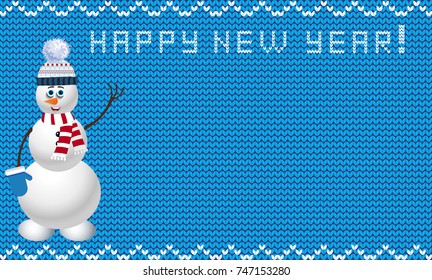Knit new year template with snowman. New year blue and white background with empty space for text and happy new year title. Vector illustration, template, framework.