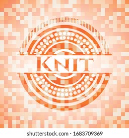 Knit orange tile background illustration. Square geometric mosaic seamless pattern with emblem inside.
