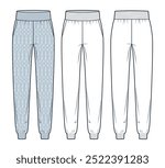 Knit Pants fashion flat technical drawing template, fashion design. Jogger Pants technical fashion Illustration, pockets, elastic waistband, front, back view, white, women, men, unisex CAD mockup set.