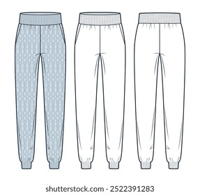 Plantilla de dibujo técnico plano de la moda de los pantalones del punto, diseño de moda. Ilustración de moda técnica, bolsillos, cintura elástica, vista frontal, trasera, blanco, mujeres, hombres, conjunto de maquetas CAD unisex.