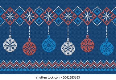 Patrón de maniquí con bolas de Navidad. Marco transparente. Ornamento feo de Navidad. Textura festiva. Fondo de punto. Impresión tradicional de Île. Ilustración vectorial.