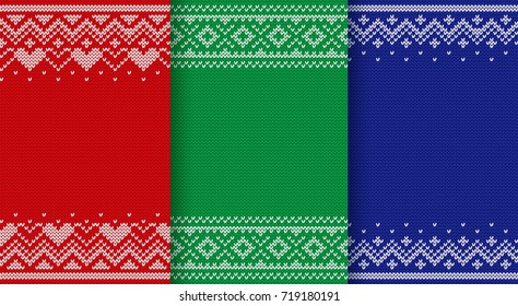 Knit pattern. Knitting seamless design. Vector Christmas and New year backgrounds with place for text. Set of knitted winter textures