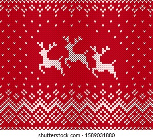 Knit pattern with reindeer. Christmas seamless texture. Vector. Sweater print. Xmas winter red background. Holiday traditional ornament. Wool scandinavian pullover. Festive illustration.