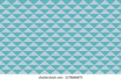 Knit Pattern Vector, White and Blue Embroidery Diagonal Background, Triangle Endless art, Fabric Crochet Design for print