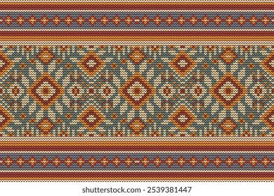 Knit pattern,knit floral pattern on green background,vector illustration,geometric ethnic,knitted embroidery,Aztec style,abstract background.design for texture,fabric,clothing,decoration,sweater,print