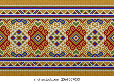 Knit pattern,knit floral pattern on yellow background,vector illustration,geometric ethnic,knitted embroidery,Aztec style,abstract background.design for texture,fabric,clothing,decoration,sweater,prin