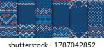 Knit print. Christmas seamless pattern. Vector. Blue knitted sweater texture. Set Xmas winter geometric background. Holiday fair isle traditional ornaments. Wool pullover illustration. Festive crochet