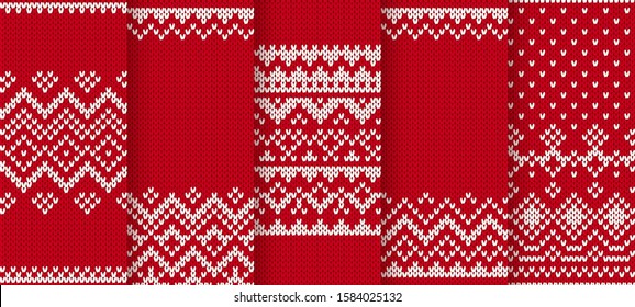 Knit print. Christmas seamless pattern. Vector. Red knitted sweater texture. Xmas winter geometric background. Set holiday fair isle traditional ornaments. Wool pullover illustration. Festive croche