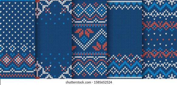 Knit print. Christmas seamless pattern. Vector. Blue knitted sweater texture. Xmas winter geometric background. Set holiday fair isle traditional ornaments. Wool pullover illustration. Festive crochet