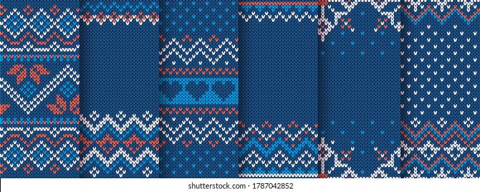Knit print. Christmas seamless pattern. Vector. Blue knitted sweater texture. Set Xmas winter geometric background. Holiday fair isle traditional ornaments. Wool pullover illustration. Festive crochet