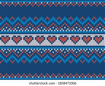 Knit print. Christmas seamless pattern. Vector. Blue knitted sweater texture. Xmas fair isle traditional ornaments. Holiday winter geometric background. Wool pullover illustration. Festive crochet.