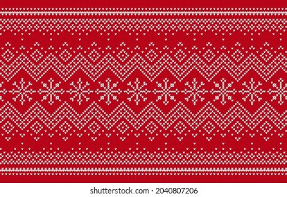 Knit print. Christmas seamless pattern. Vector. Red knitted sweater background. Xmas winter texture with zigzag and snowflkes. Holiday fair isle traditional ornament. Wool pullover illustration.