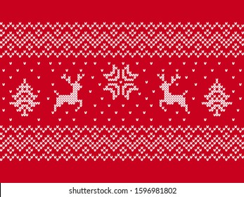 Knit print with deers, trees. Christmas seamless pattern. Vector. Red sweater background. Festive white knitted ornament on red background. Holiday xmas winter texture. Illustration with border.