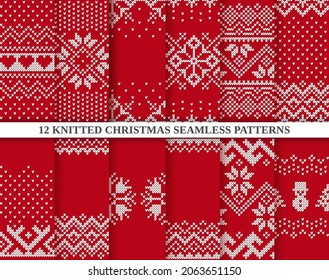 Knit prints. Christmas seamless pattern. Vector. Red knitted sweater texture. Set Xmas winter geometric background. Holiday fair isle traditional ornaments. Wool pullover illustration. Festive crochet