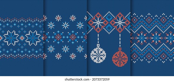 Knit prints. Christmas seamless pattern. Blue knitted sweater texture. Set Xmas winter background. Holiday fair isle traditional ornament. Festive ugly crochet. Wool pullover. Vector illustration