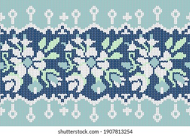 Knit print.Seamless pattern.Vector  blue and white knitted sweater texture.Geometric background.Wool pullover illustration.Festive crochet.
