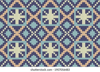 Impresión de Knit.Patrón transparente vector.Textura de suéter de punto azul.Fondo geométrico.Ornamento tradicional de isla de vacaciones.Ilustración de lana pullover.Crochet festivo.