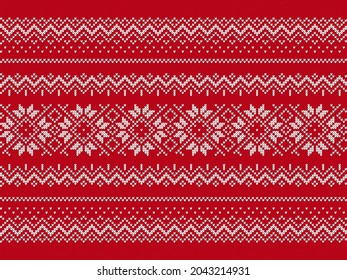 Knit red print. Christmas seamless pattern. Knitted sweater texture. Xmas winter geometric background. Holiday fair isle traditional ornament. Wool pullover. Festive crochet. Vector illustration.