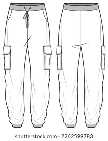 Knit Relaxed Fit Cargo Jogger, Winter Sweatpants With Cargo Pockets Front and Back View. Fashion Illustration, Vector, CAD, Technical Drawing, Flat Drawing, Template, Mockup	