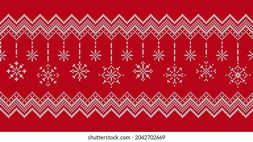 Knit seamless background. Christmas border with snowflakes. Xmas winter texture. Festive pattern. Holiday fair isle traditional print. Red knitted frame. Vector illustration.