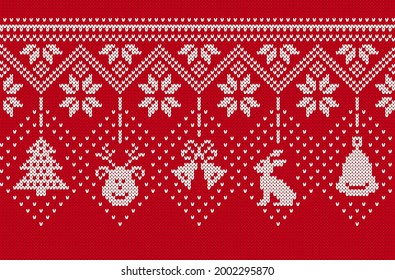 Knit seamless border. Christmas background. Xmas knitted texture. Red frame with deer, tree, hare and bell. Festive pattern. Holiday fair isle traditional print. Vector illustration.