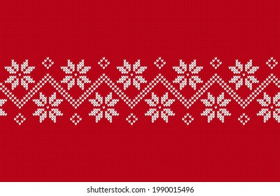 Knit seamless border. Christmas pattern. Red knitted texture. Xmas festive print . Holiday fair isle traditional background. Ornament with flowers. Geometric sweater pullover. Vector illustration.
