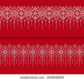 Borde sin fisuras. Patrón de Navidad. Textura de punto roja. Las vacaciones justas son un fondo tradicional. Establezca las impresiones festivas de Navidad. Ornamento con flores. Marco de suéter geométrico. Ilustración vectorial.