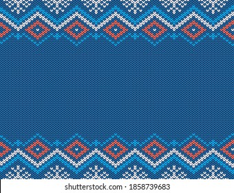 Knit seamless pattern. Christmas blue texture. Knitted sweater background. Xmas geometric print with space for text. Holiday fair isle traditional ornament. Vector illustration.